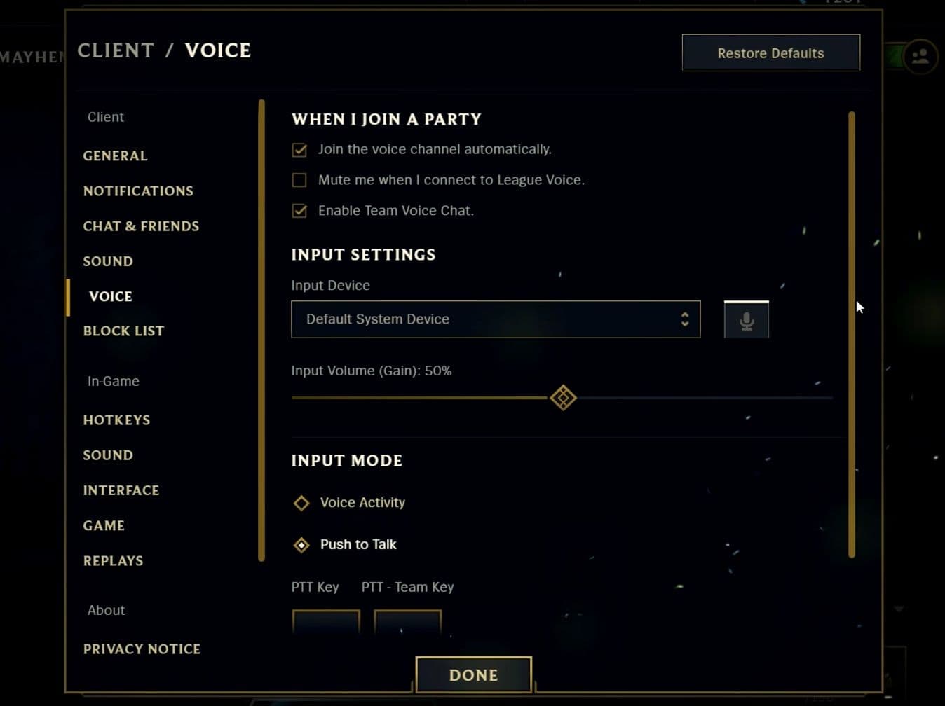 League of Legends voice chat settings