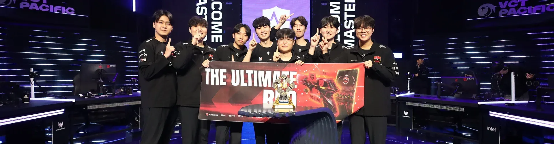 Nongshim RedForce posing on stage as they qualified for VALORANT Masters Santiago