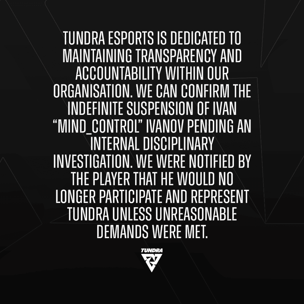 Declaração da Tundra Esports sobre o incidente com MC. Créditos: Twitter @TundraEsports