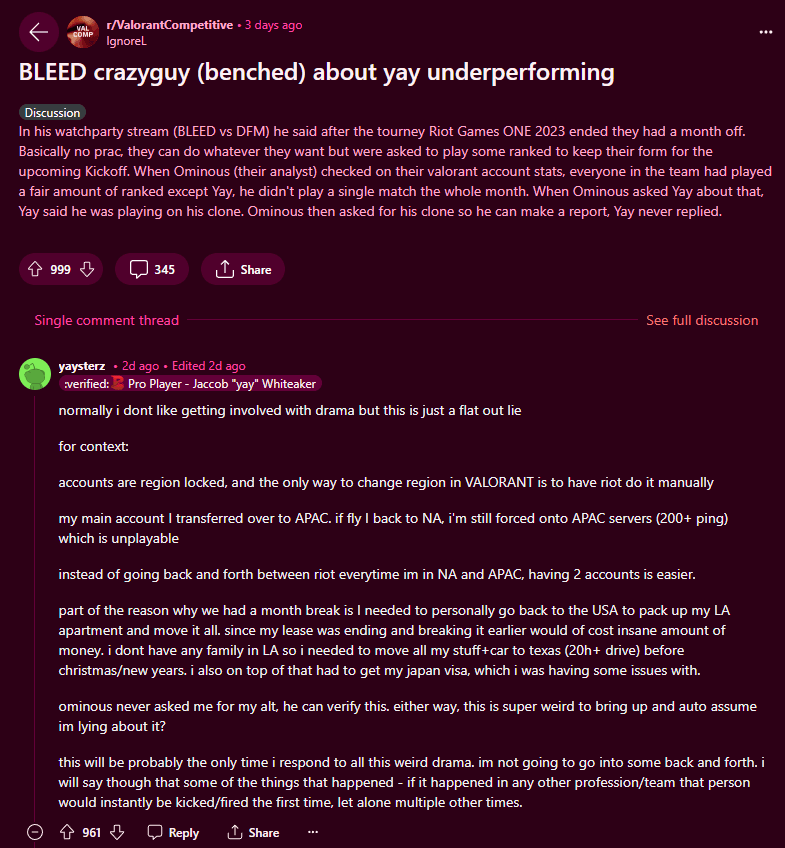 A primeira acusação de crazyguy e a resposta de yay (créditos: r/valcomp)