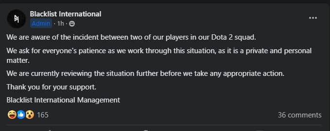Pronunciamento da equipe sobre o incidente.