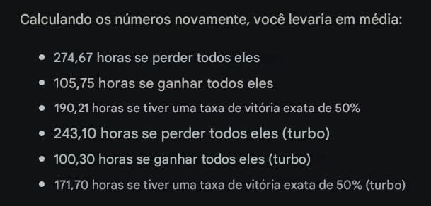 Dados estimados do tempo necessário para conseguir todos os itens.