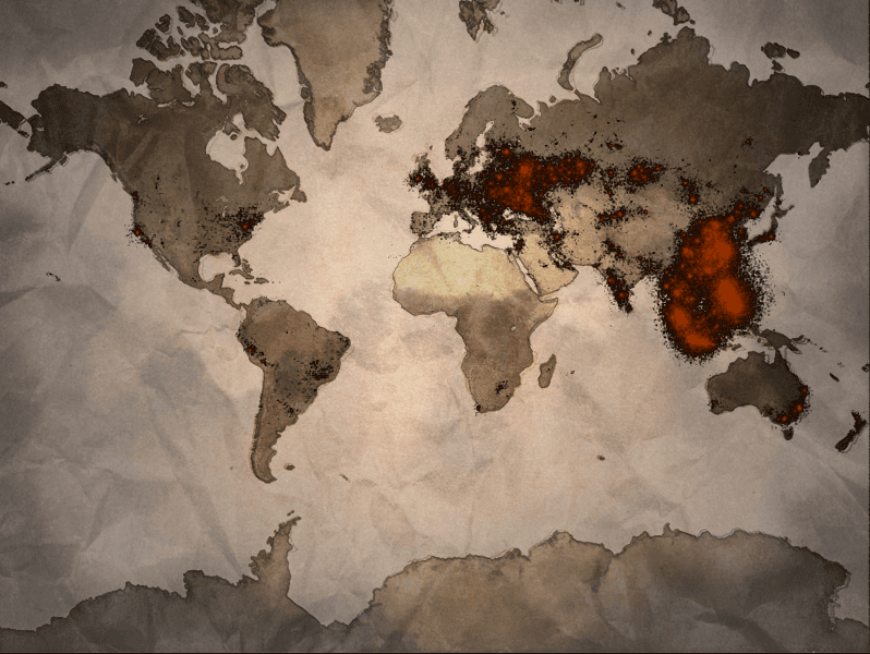 Mapa marcando atividade do Dota 2 no mundo