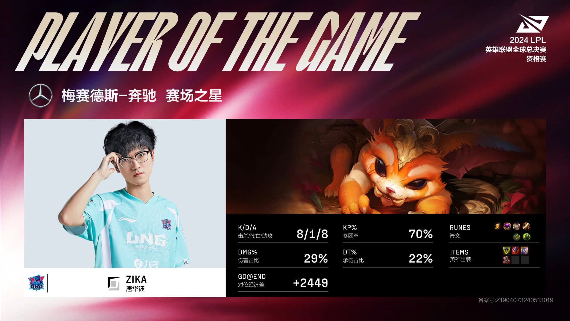 Zika's Gnar dominated the top lane in Game 2, securing match point for LNG Esports (credits: LPL)
