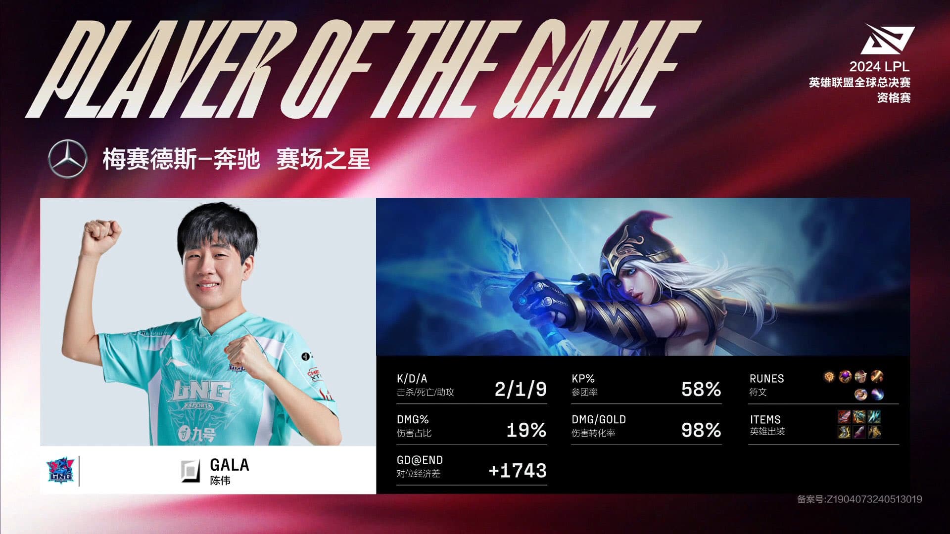 Gala' Ashe in the botlane helped LNG Esports secure the first map with a 2/1/9 KDA performance (credit: LPL)