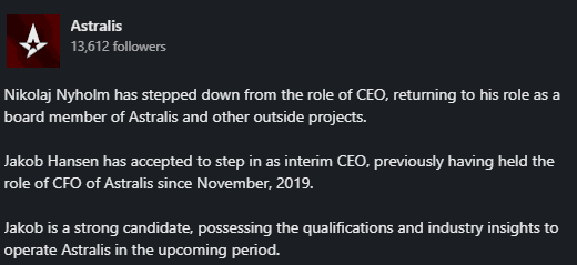 Astralis announcement on LinkedIn (credits: Astralis)