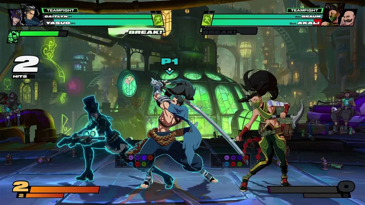 In-game screenshot from 2XKO showing the Teamfight Fuse, with a match in progress, two active characters on each side, health bars at the top, and a neon-lit stage in the background.