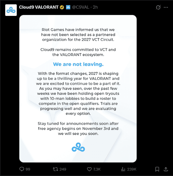 Click me for tweet. Credit: Cloud9 // X
