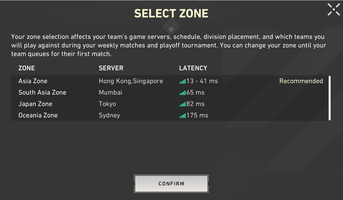 Zone selection for Asia region.