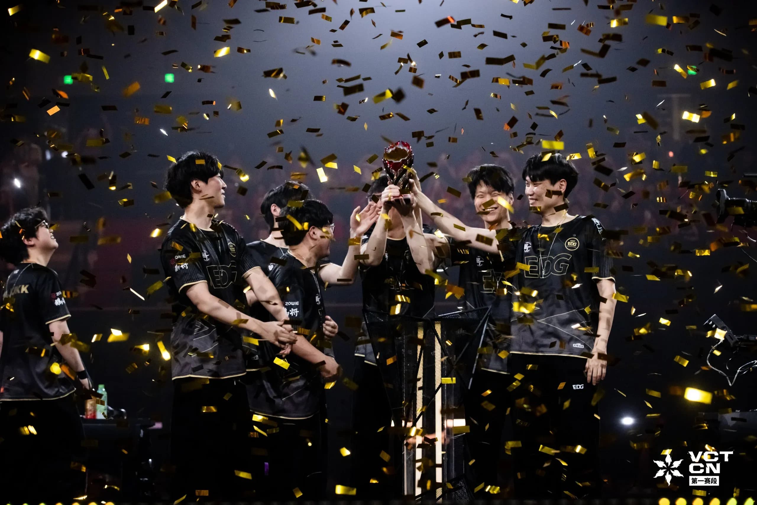 EDG lifting their fifth VCT China title (Image Source: Riot Games)