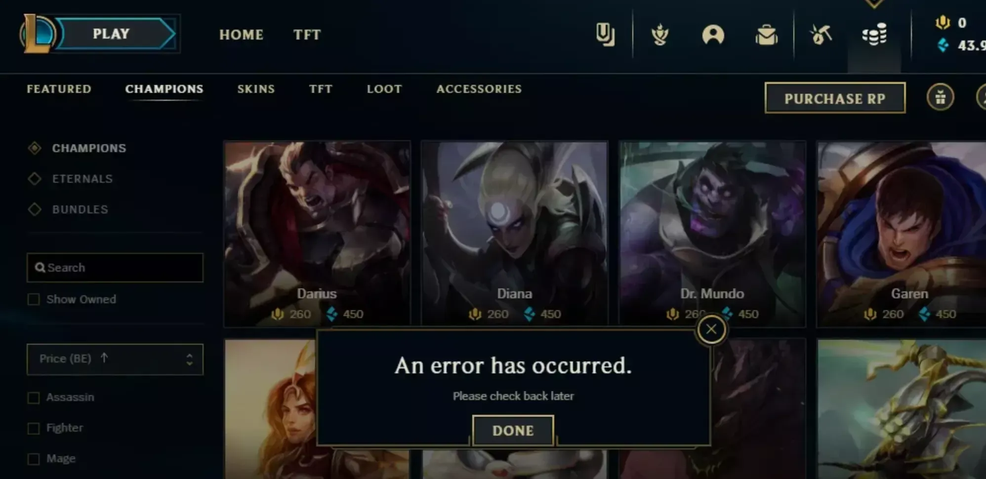 Nada é mais frustrante do que ter os fundos para desbloquear uma nova skin... e então encontrar um erro na loja. Crédito: Riot Games