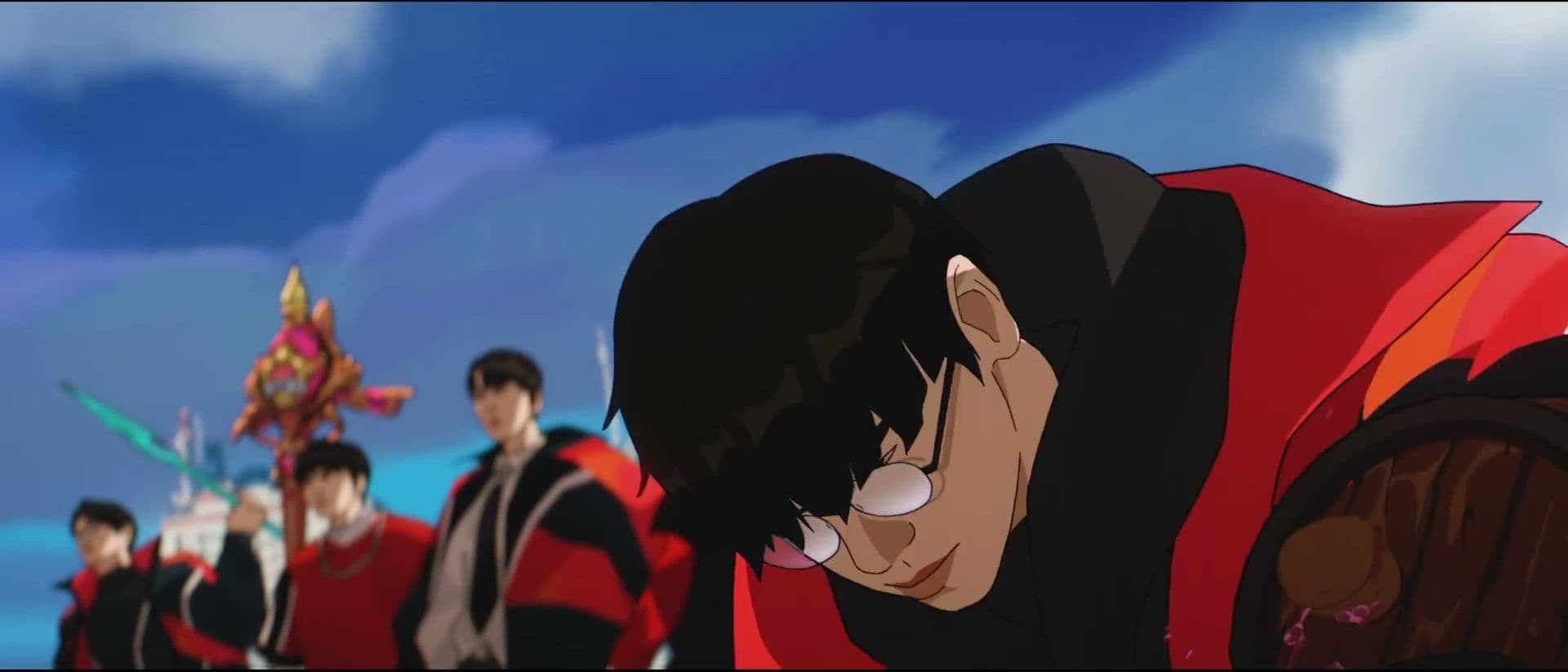 Five red-and-black-clad characters gather beneath a blue sky in a scene referencing T1’s 2025 roster.