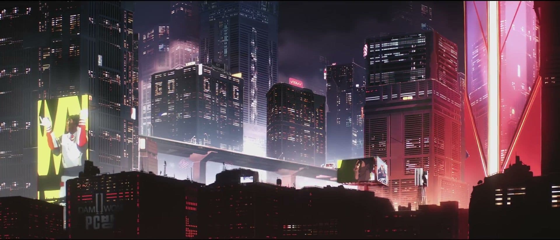 Illuminated signs on city buildings reference past League of Legends World Championship winners.