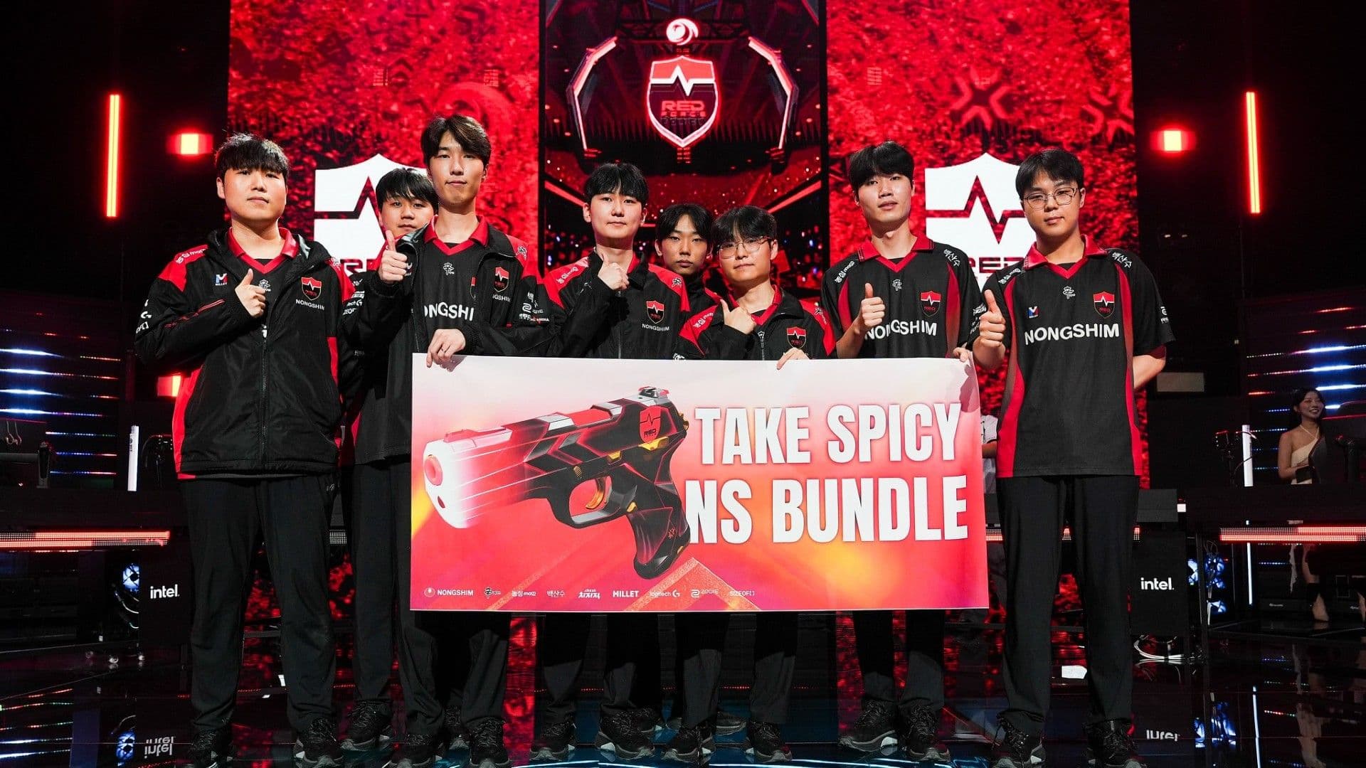 Nongshim RedForce celebrating on stage after qualifying for VCT Pacific 2026 Stage 2 Playoffs (Image Source: Riot Games)