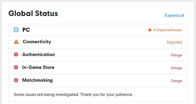 Screenshot from Ubisoft's Global Service Status site