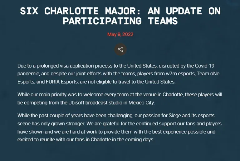 Ubisoft's statement on visa issues during the Six Charlotte Major in 2022 (Image Source: Ubisoft)