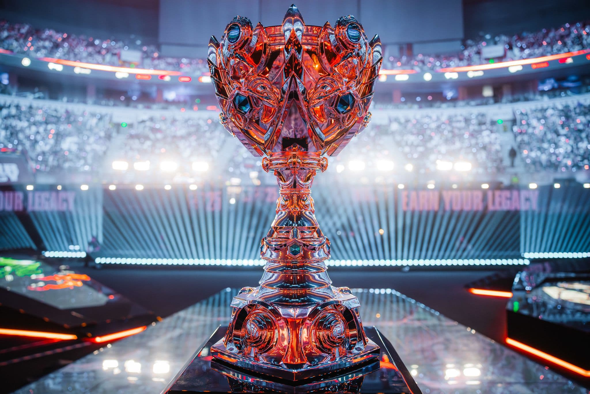 Worlds 2025 trophy on stage at Chengdu, China (Image Source: Colin Young-Wolff/Riot Games)