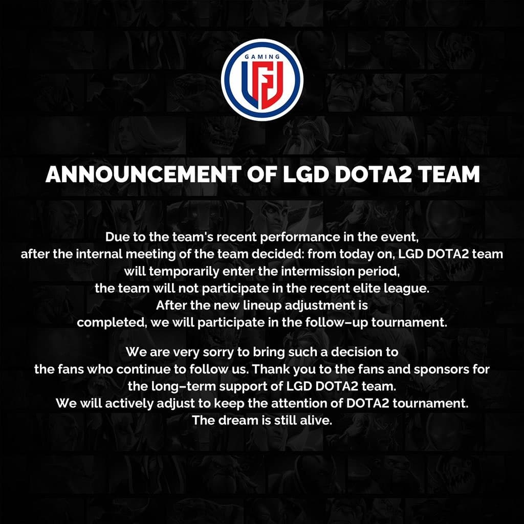 Comunicado veiculado na conta oficial da LGD Gaming no Twitter.