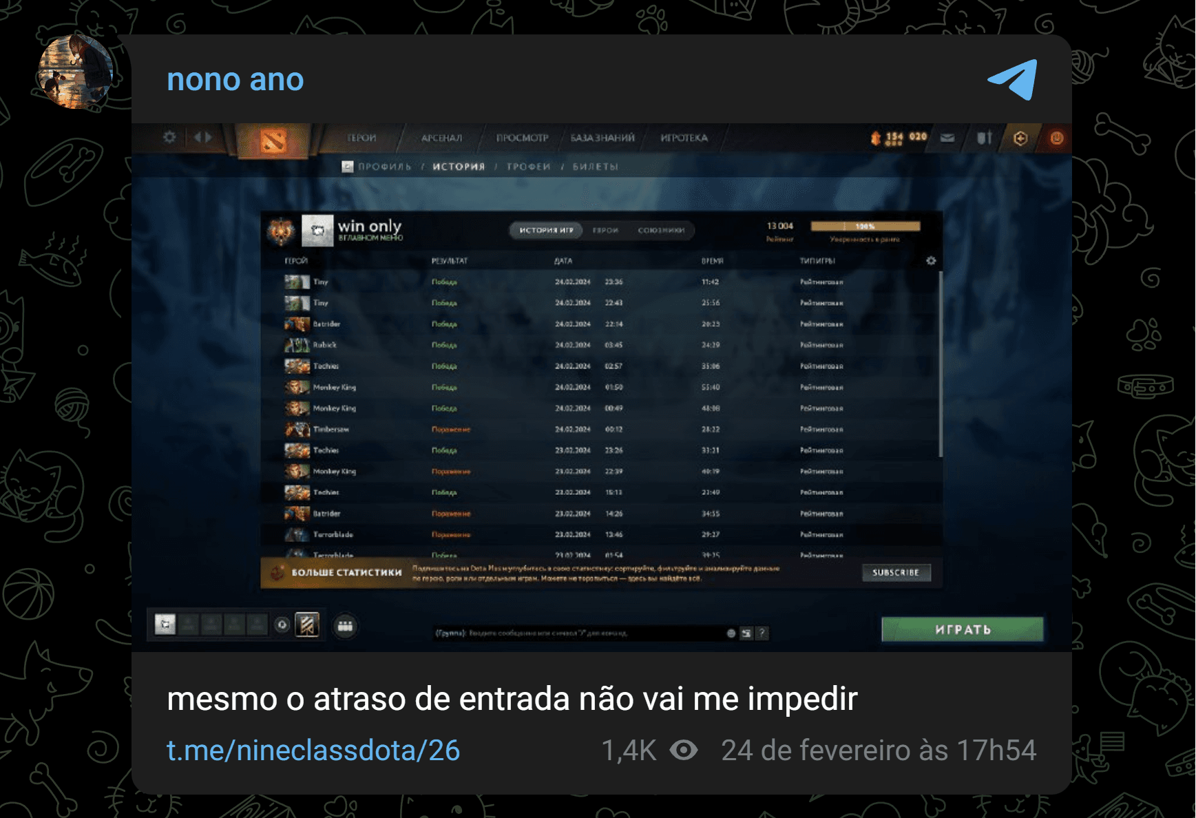 9Class postou sua conquista no Telegram