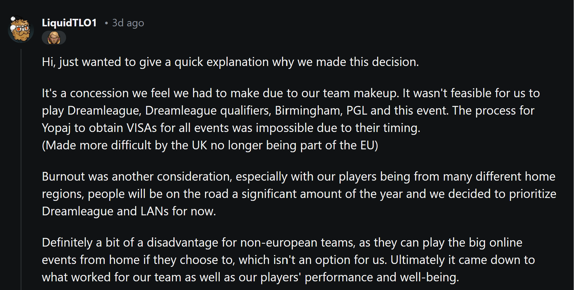 Comentário de um dos gerentes explicando o motivo da Shopify Rebellion abrir mão da vaga.