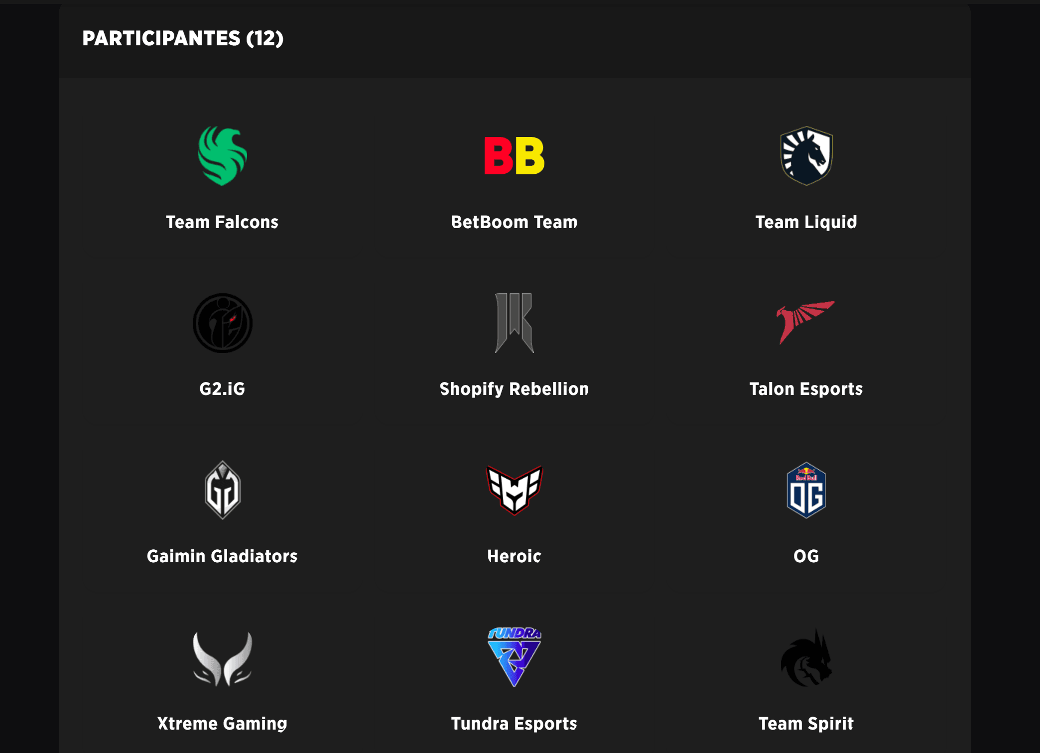 A ESL One tem 12 equipes participantes.