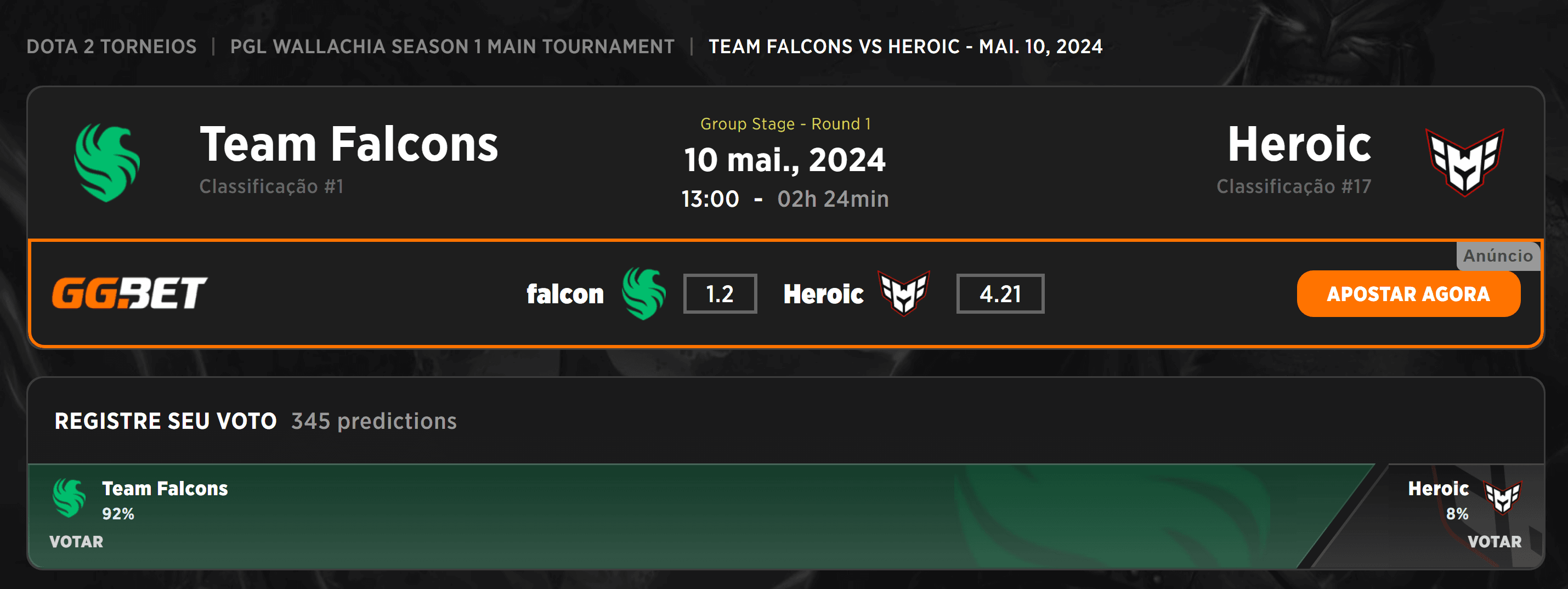 O Team Falcons vai enfrentar a Heroic como "aquecimento".