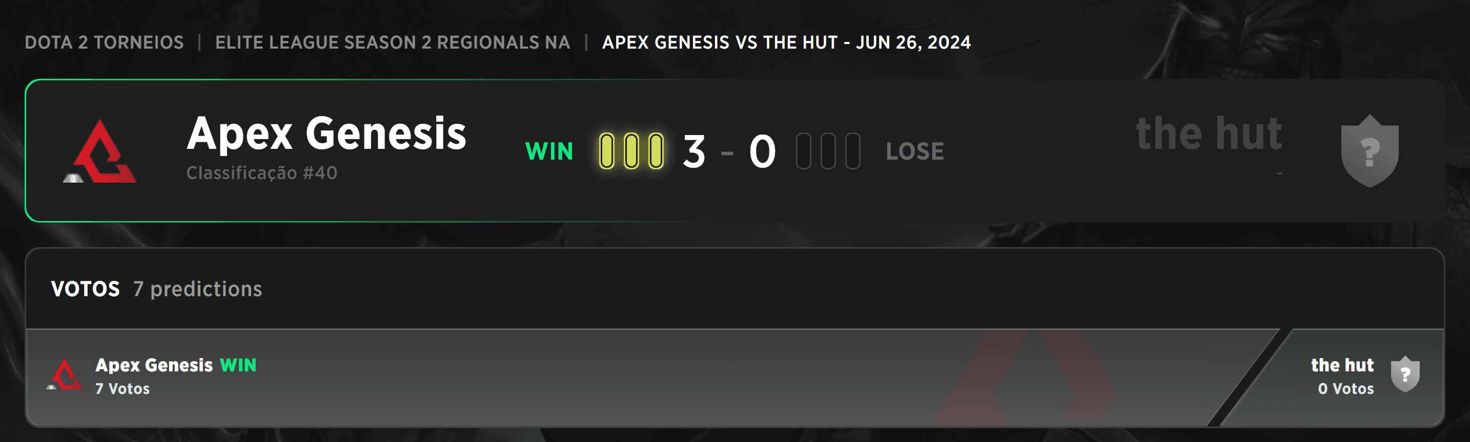 Partida de qualificação da Apex Genesis.