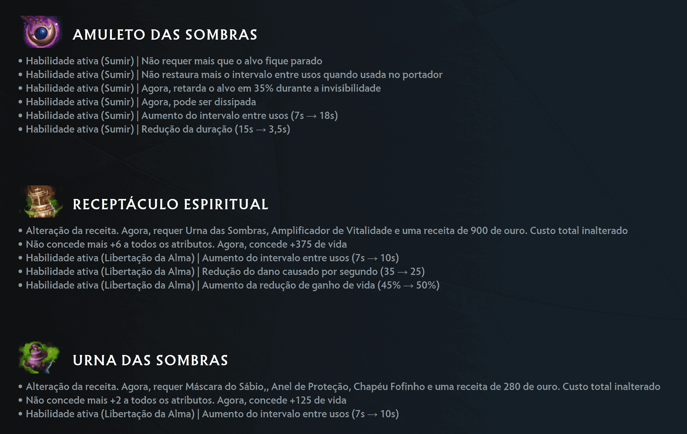 A lista dos itens alterados termina com a Urna das Sombras.