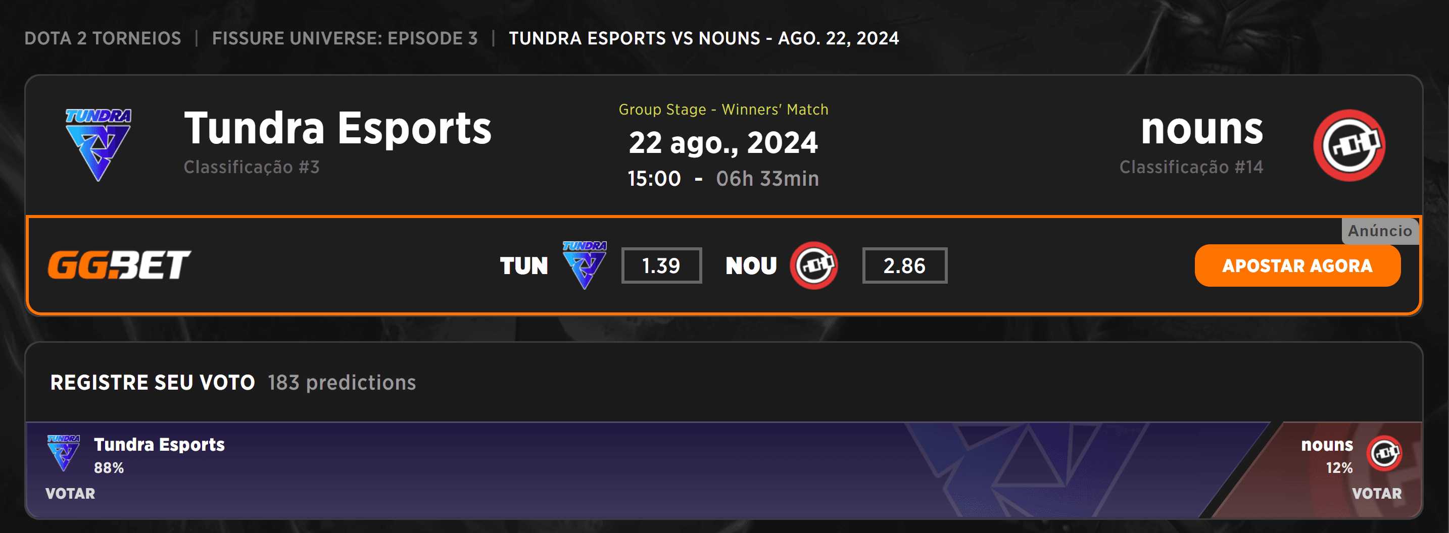 O próximo adversário que a nouns deve superar é a Tundra Esports.