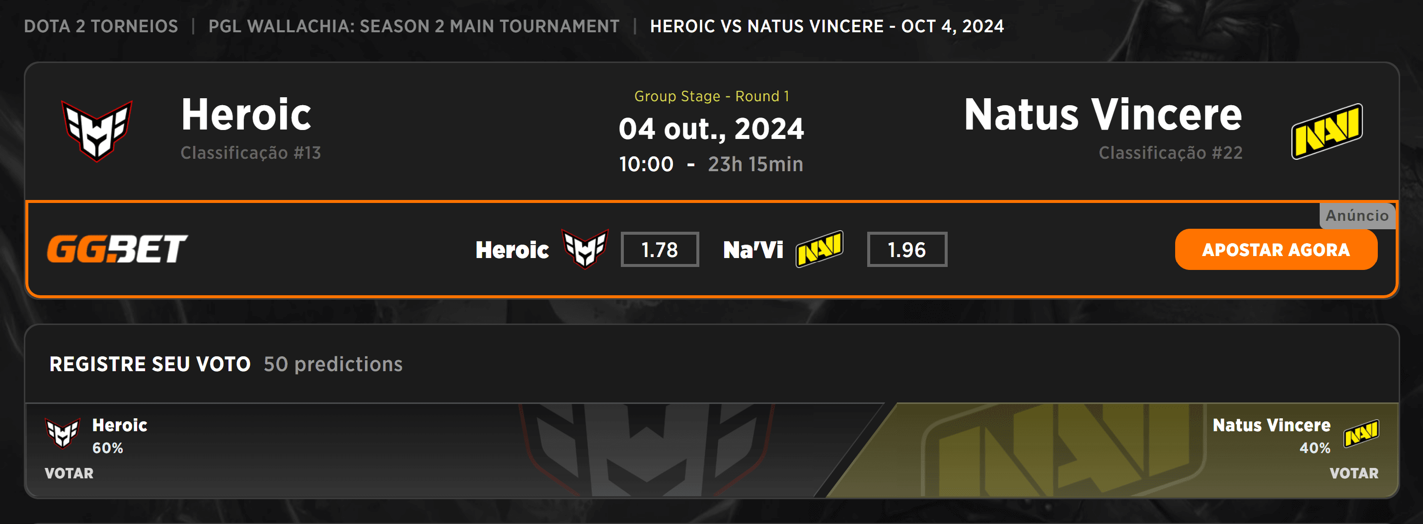 A primeira partida na lista é a Heroic contra NaVi.