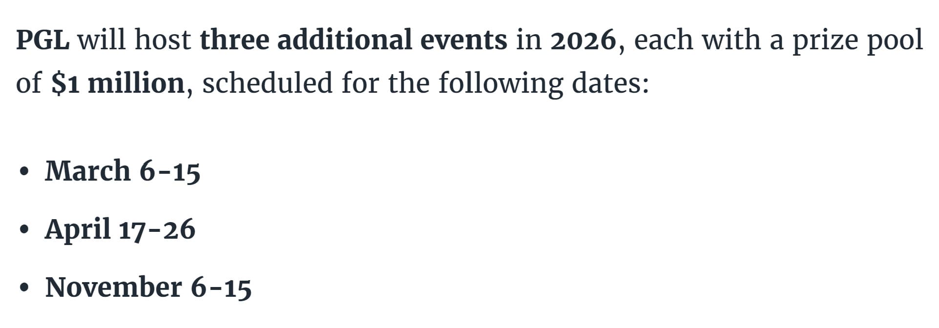 Planejamento dos torneios da PGL para 2026.