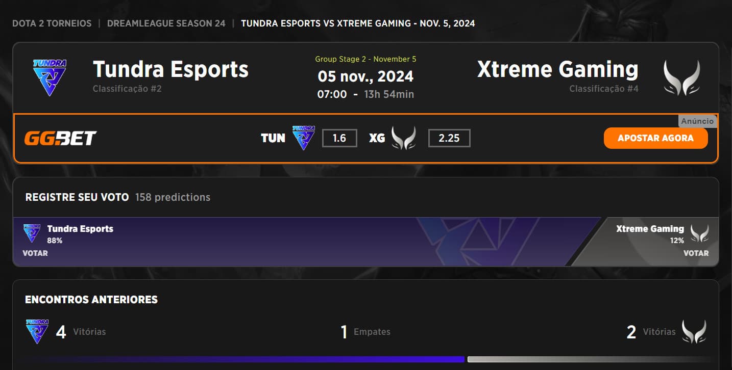 Dados da partida da Tundra Esports contra a Xtreme Gaming na DreamLeague 24.