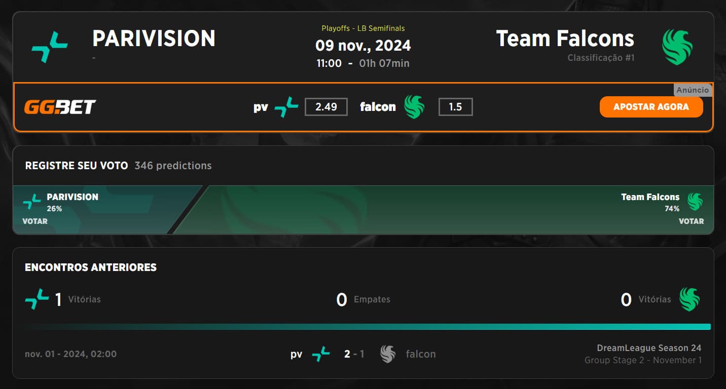 Dados da próxima partida entre PARIVISION e Team Falcons.