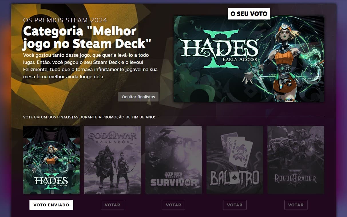 Candidatos da categoria melhor jogos de Steam Deck nos Prêmios Steam 2024.