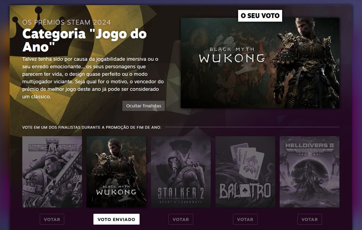Primeira categoria dos Prêmios Steam 2024.