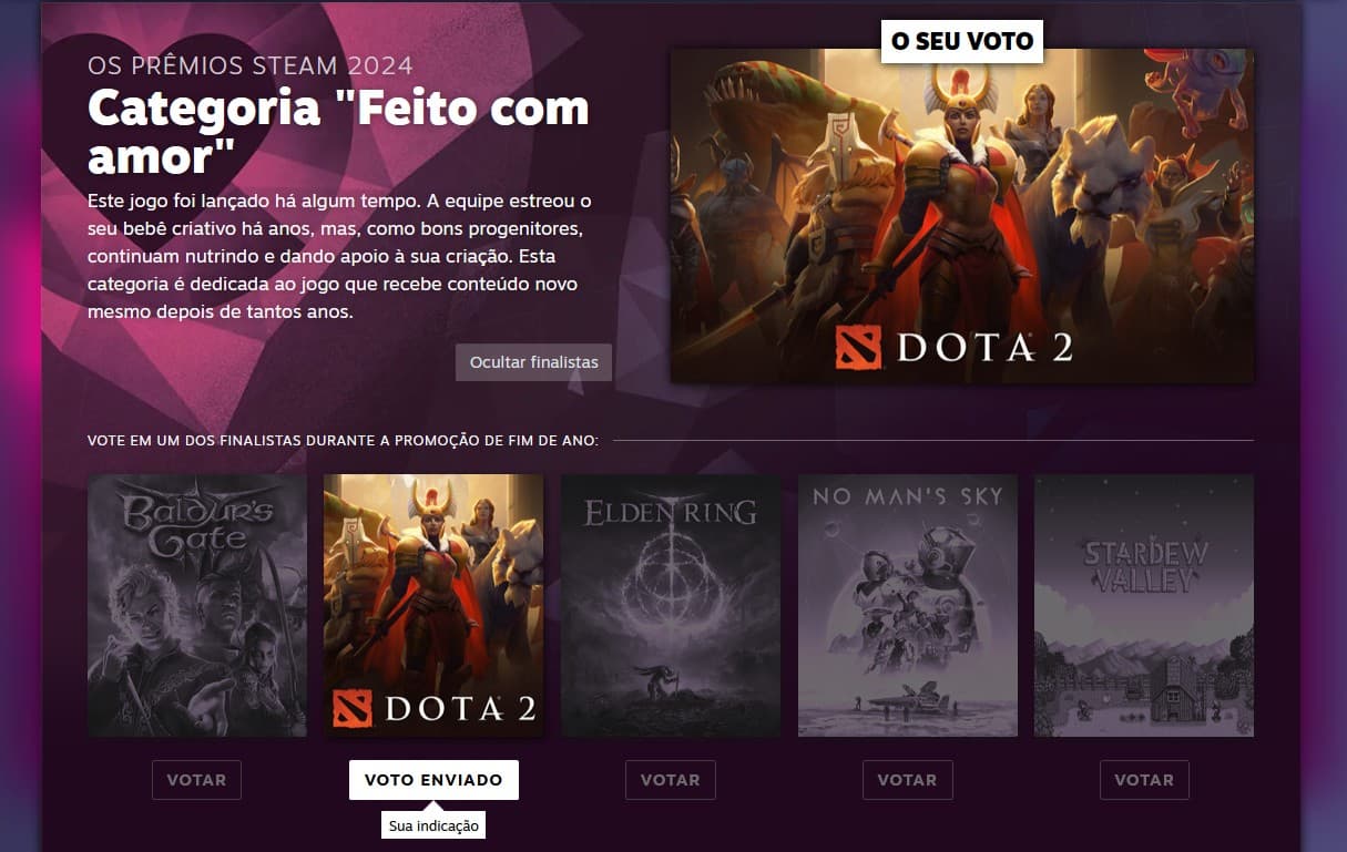 Candidatos da categoria "Feito com amor" dos Prêmios Steam 2024.