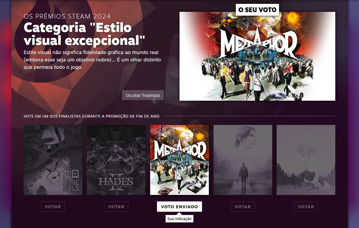 Candidatos da categoria jogos com Estilo Visual Excepcional nos Prêmios Steam 2024.