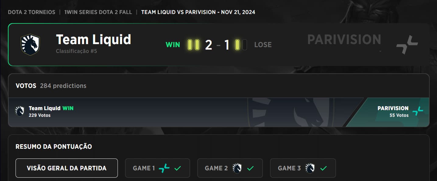 Resultado da primeira partida dos playoffs no 1win Series Fall.