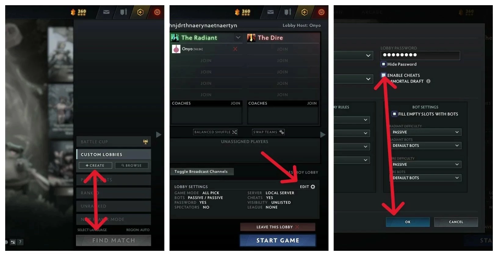 Como criar um lobby com cheats ativados.