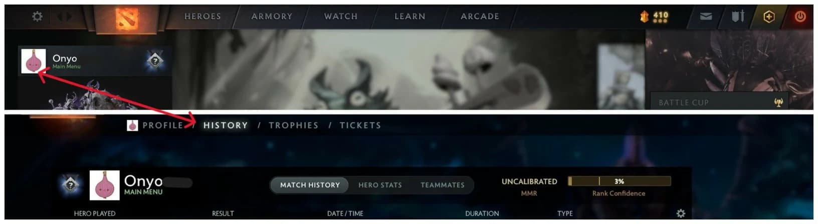 A contagem dos pontos de MMR fica dentro do histórico do perfil.