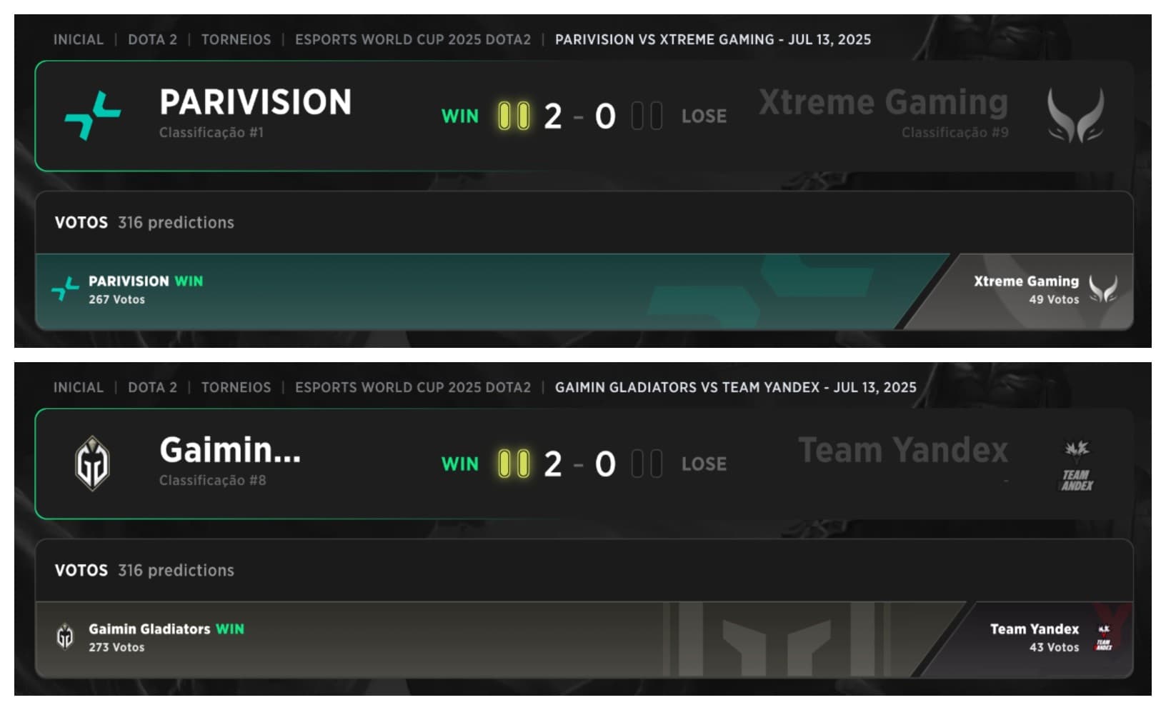 Primeiro par de qualificações na Fase Eliminatória da EWC 2025 de Dota 2.