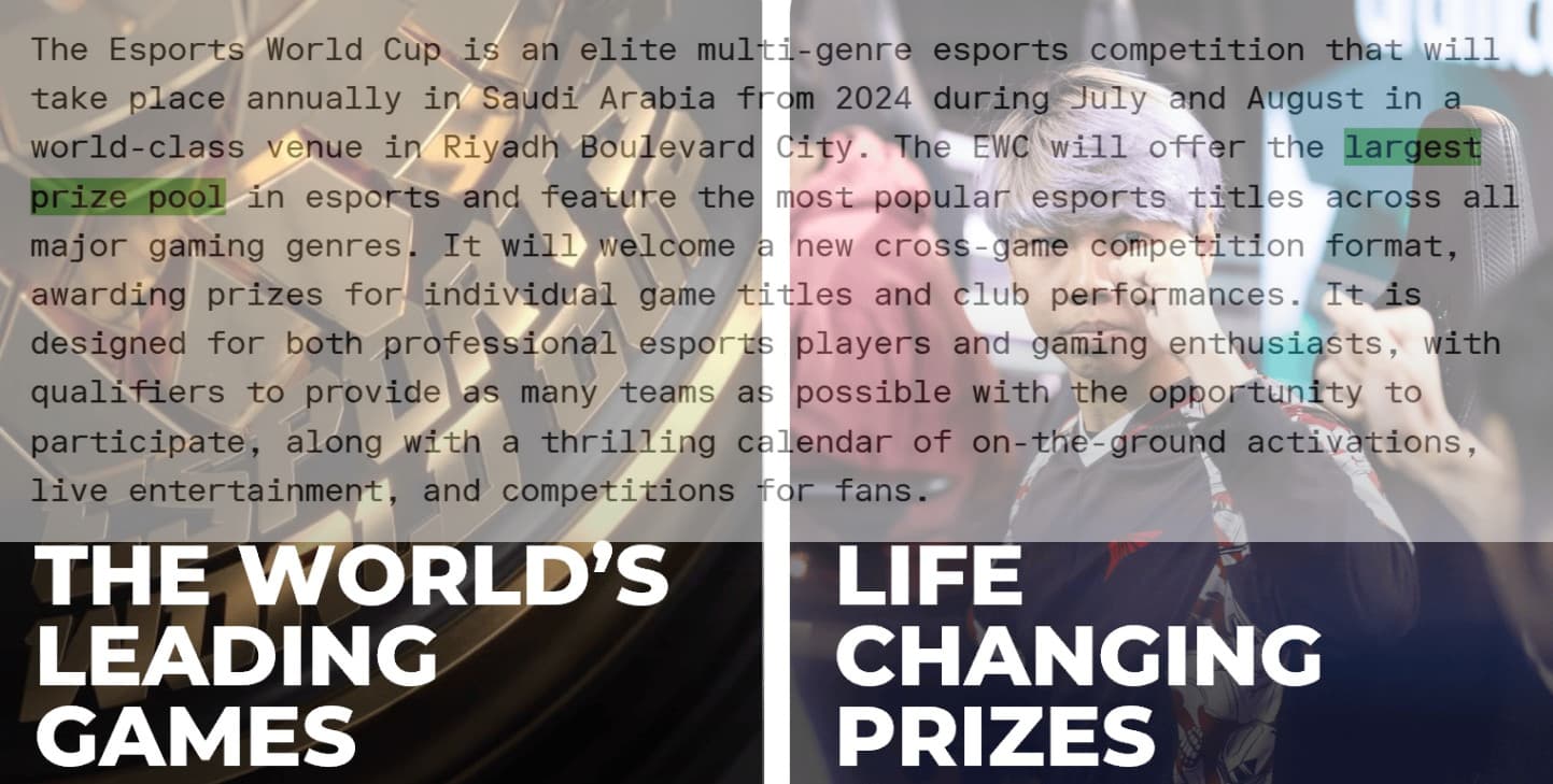 As alegações sobre os prêmios da Esports World Cup seguem de pé no site oficial.