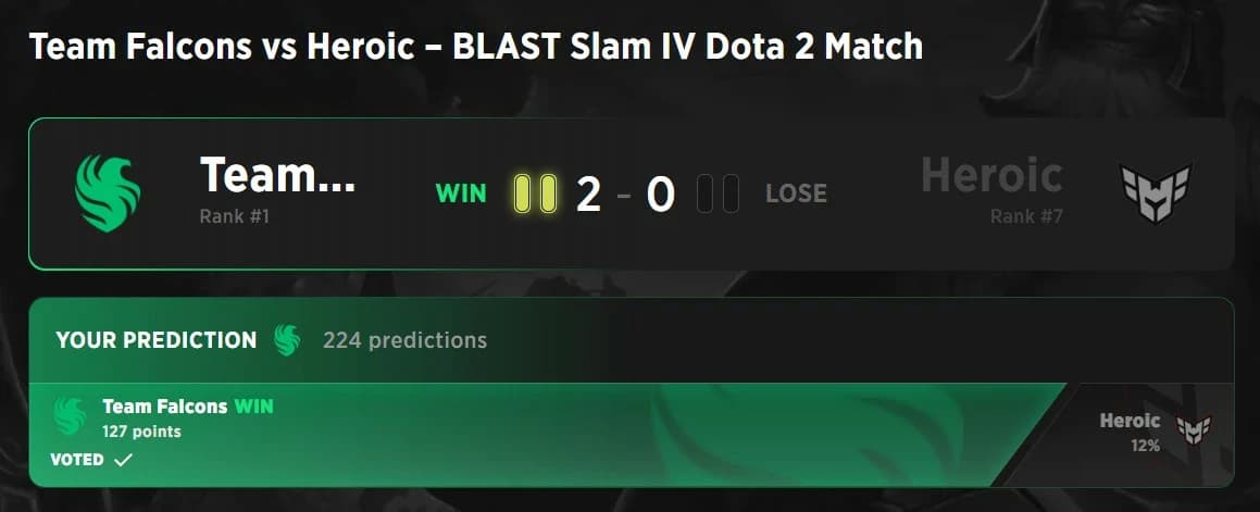 Placar da partida entre Falcons e Heroic pelas semifinais do BLAST Slam IV.