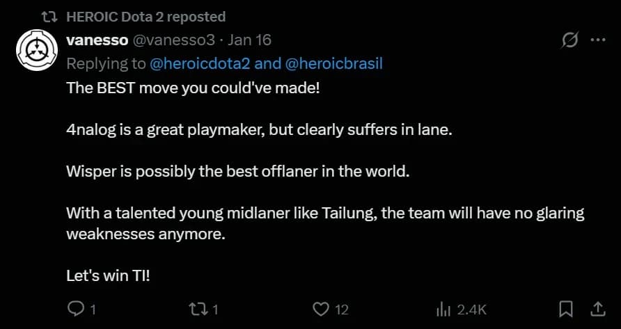 Vanesso acha que a Heroic encontrou um bom equilíbrio no elenco de Dota 2.