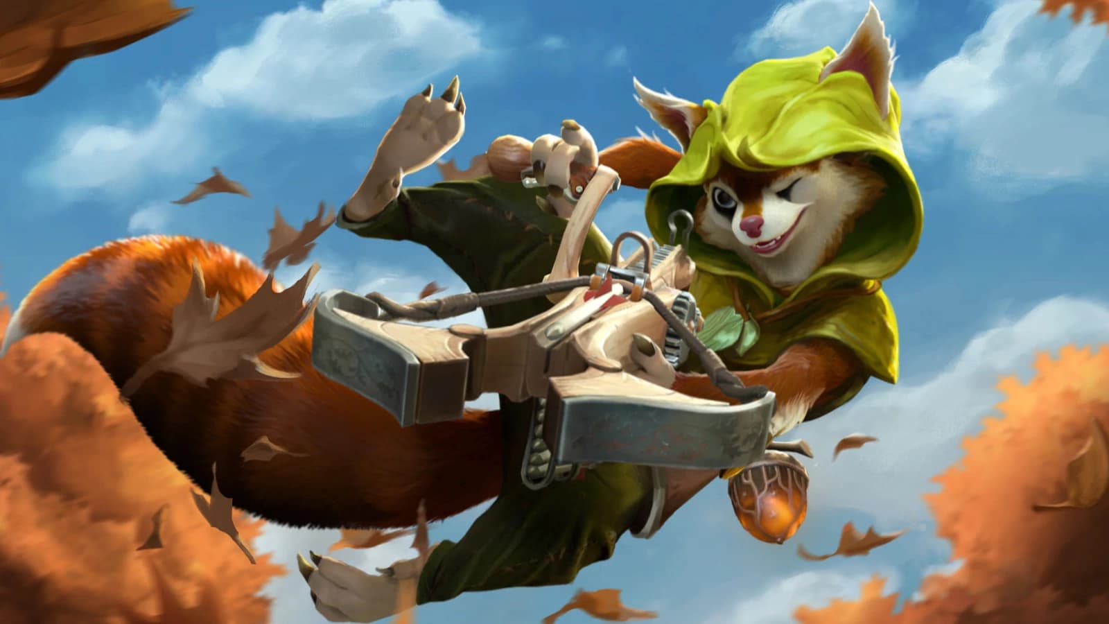 Hoodwink atirando em um inimigo enquanto pula para o lado.