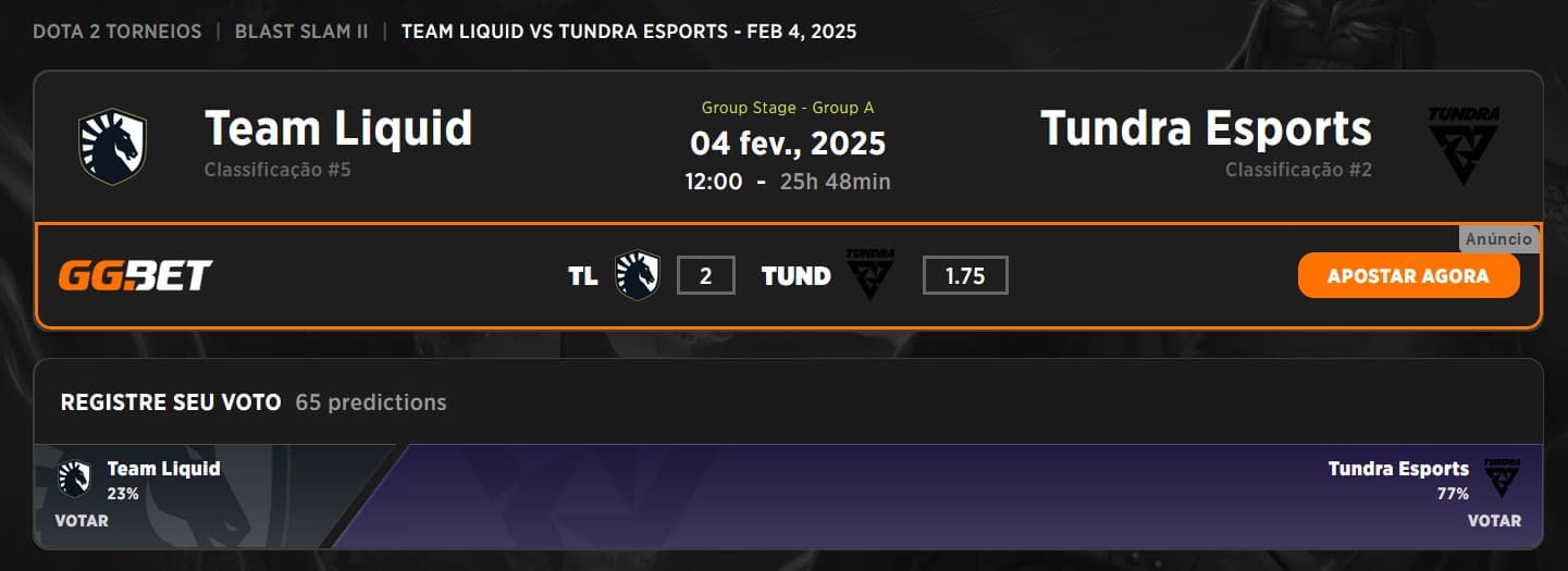 Votação da partida Tundra versus Liquid na fase de grupos.