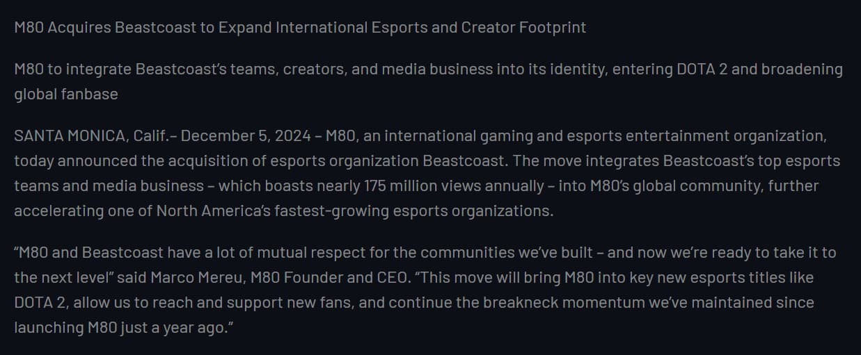 Parte do comunicado oficial no site da M80.