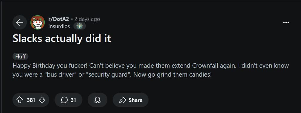 Postagem no Reddit agradecendo a SirActionSlacks por adiar o fim da Queda Coronal.