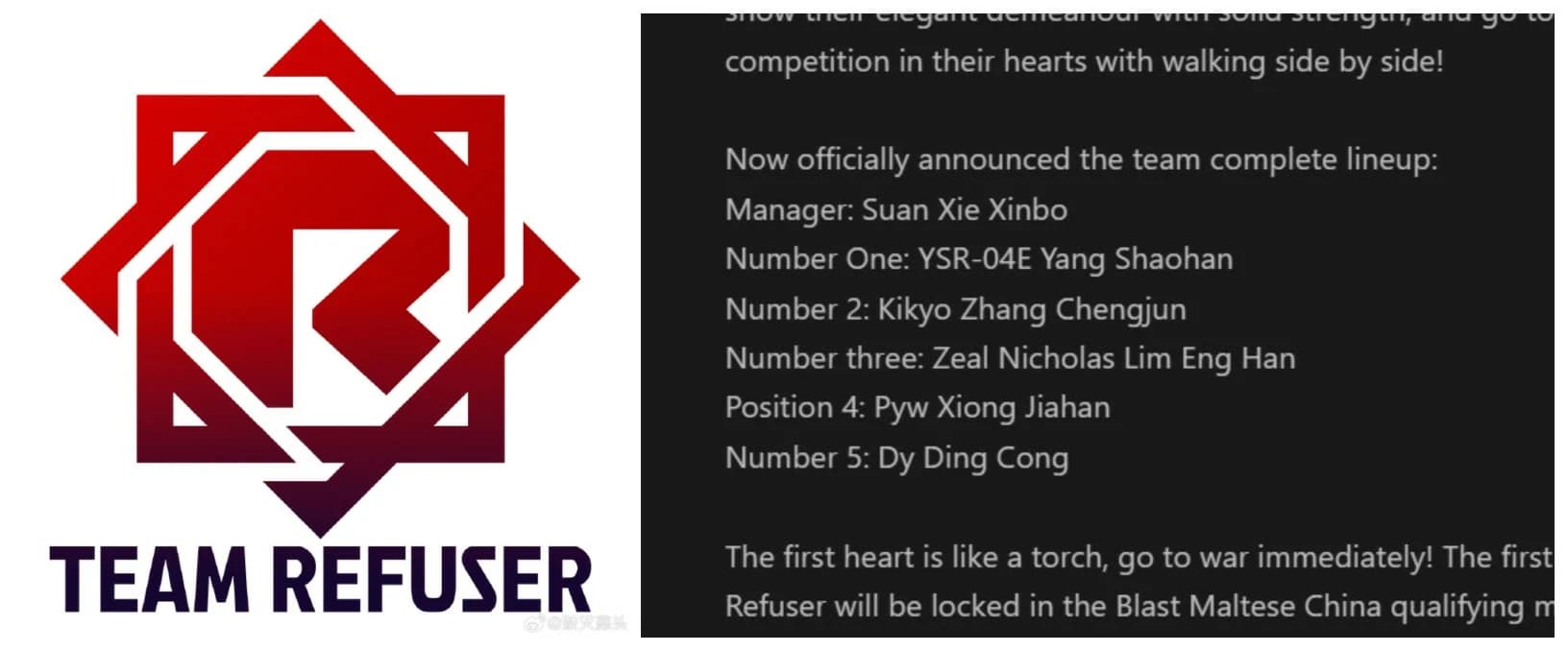 Anúncio e brasão do Team Refuser, mais um reforço da China para 2026.