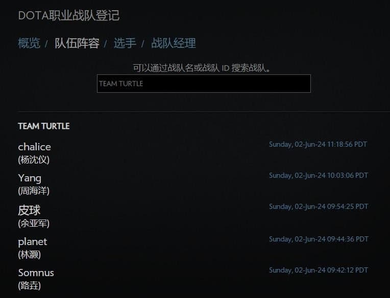 Imagem do registro oficial do Team Turtle no Dota.
